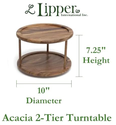 Lipper International 1302 Acacia Wood 2-Tier 10" Kitchen Turntable | Handcrafted Acacia, Rotates for Easy Access thumbnail 2