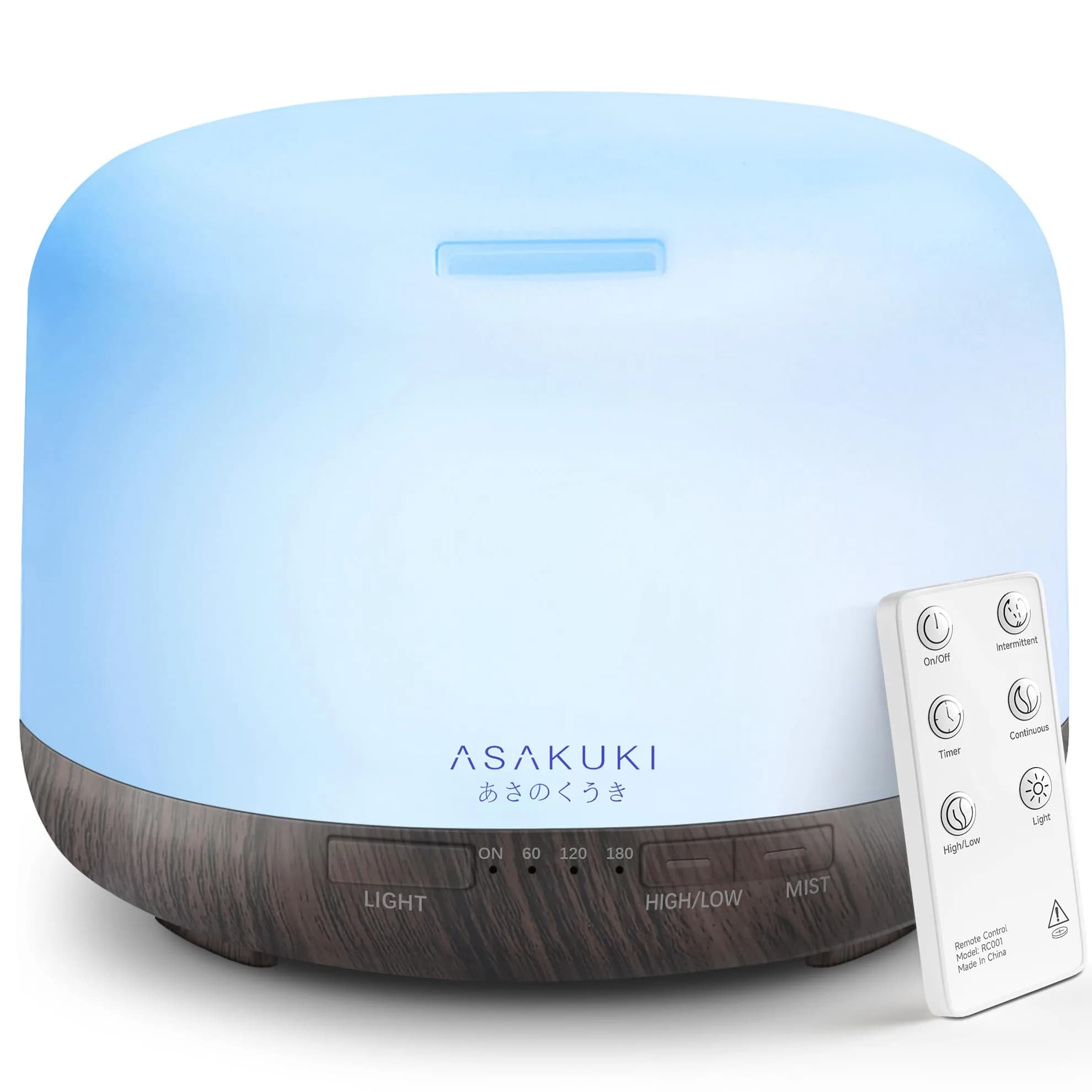 ASAKUKI 500ML Essential Oil Diffuser for Home, Brown | Ultrasonic Aromatherapy Humidifier with Remote Control & 7 Color LED Lights — Brown