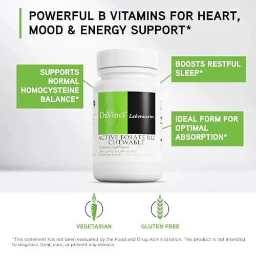 DAVINCI Labs Active Folate B12 Chewable, 60 Chewable Tablets | Supports Heart, Nerves & Immunity thumbnail 3