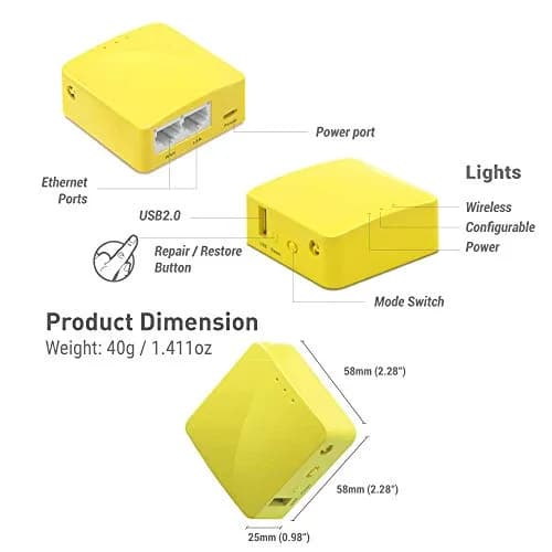 GL.iNet GL-MT300N-V2 Mango Portable Mini Travel VPN WiFi Router | 300Mbps 2.4GHz, 2 Ethernet Ports, 128MB RAM, 40g thumbnail 2