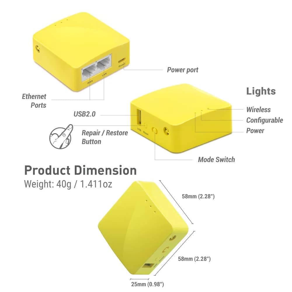 GL.iNet GL-MT300N-V2 Mango Portable Mini Travel VPN WiFi Router | 300Mbps 2.4GHz, 2 Ethernet Ports, 128MB RAM, 40g - view 2