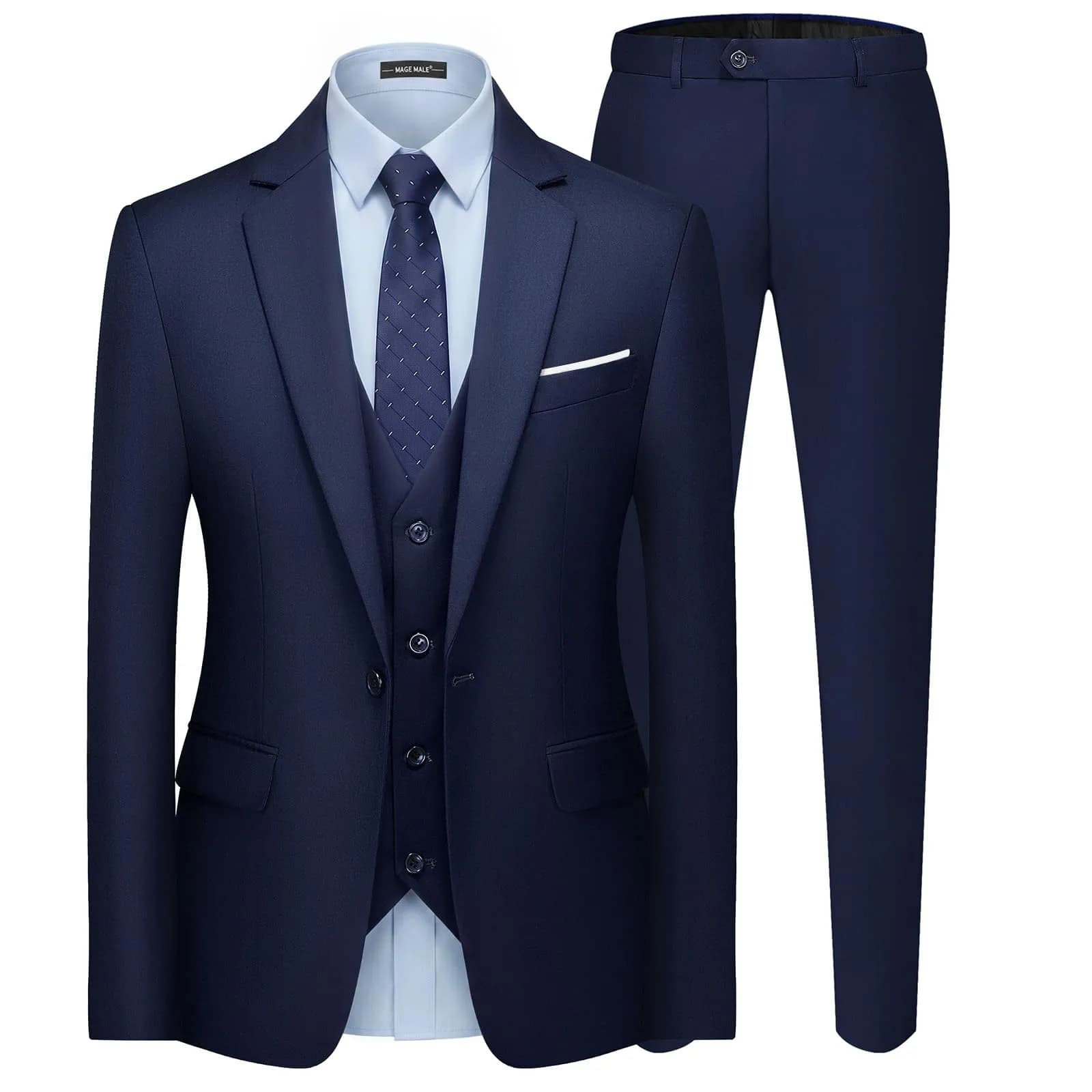 MAGE MALE Men's 3 Pieces Suit Navy Blue Slim Fit Single Breasted Blazer Vest Pants Set | Elegant Formal Wear — Navy Blue