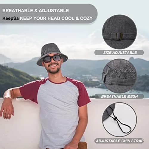 KeepSa Cotton Sun Hat Men Wide Brim Bucket Safari Grey | Breathable, Foldable & UV Protection thumbnail 2
