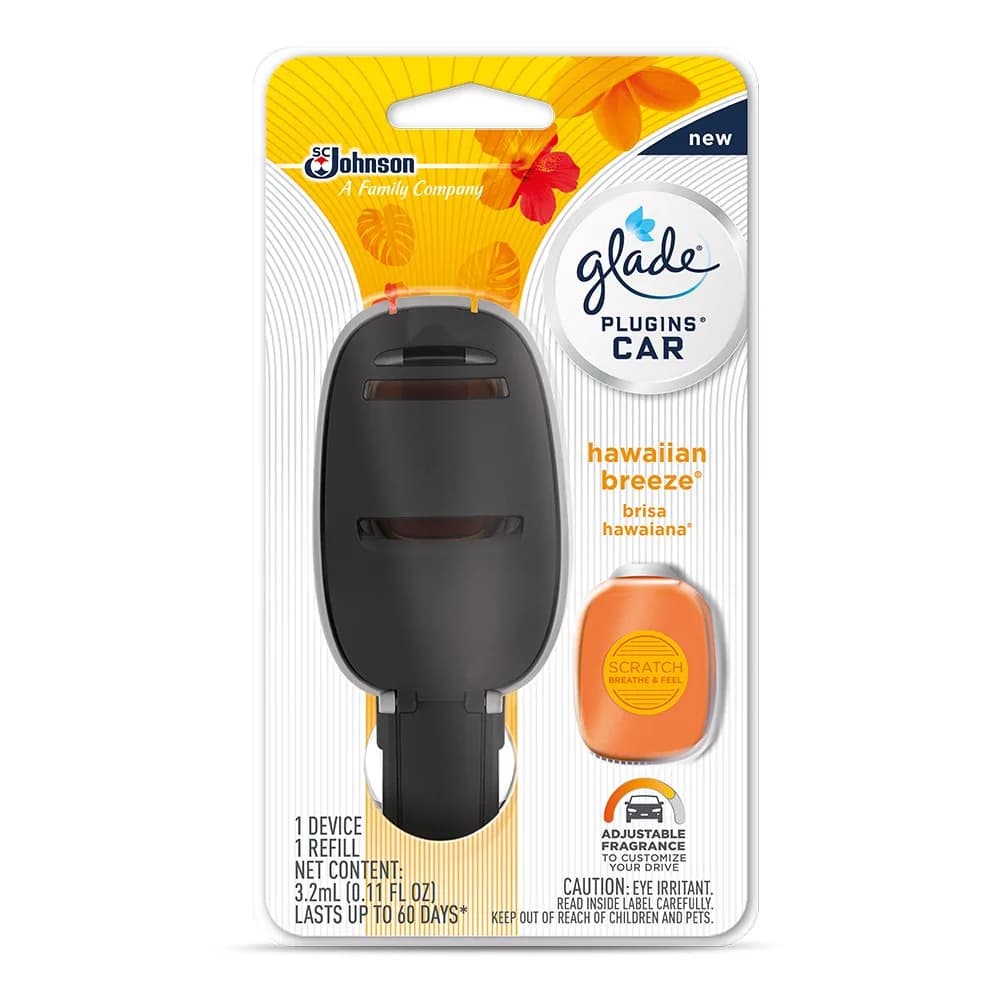 SC Johnson Glade PlugIns Car Air Freshener Starter Kit, Hawaiian Breeze, 0.11 Fl Oz | Adjustable Fragrance, 60 Days Odor Control — blue