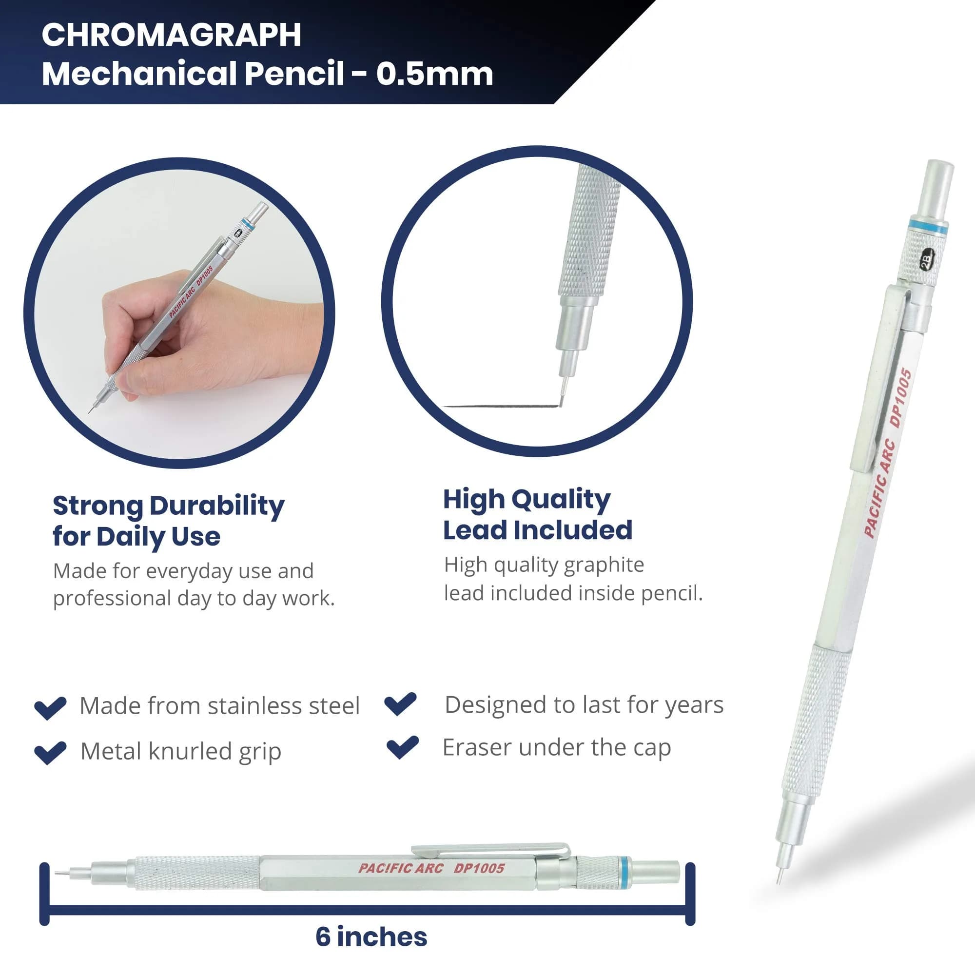 Pacific Arc Chromagraph Metal Mechanical Pencil 0.5 mm Silver | Drafting & Drawing Precision - view 2
