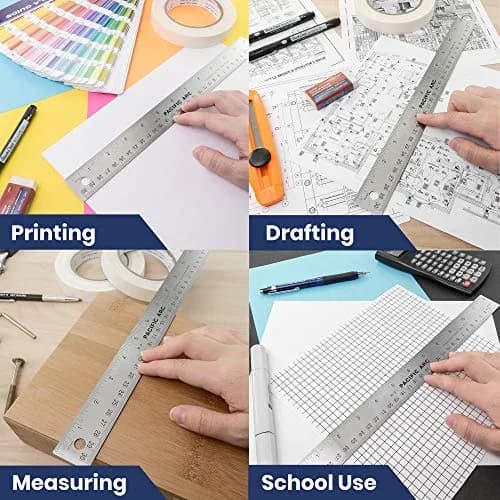 Pacific Arc Stainless Steel 12 Inch Metal Ruler with Cork Back & Metric Graduations | Precise Straight Edge for Artists & Projects thumbnail 4