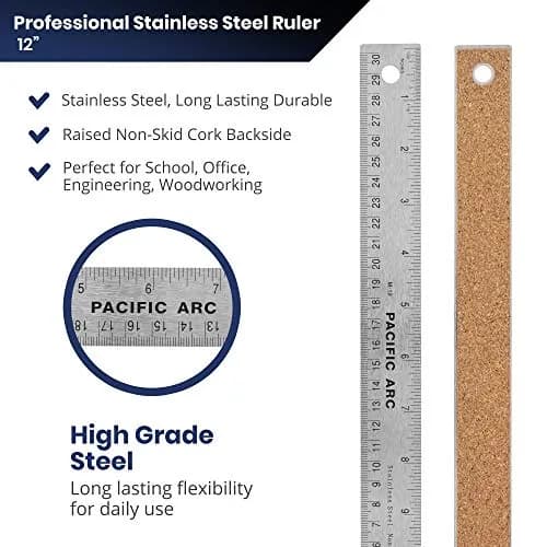 Pacific Arc Stainless Steel 12 Inch Metal Ruler with Cork Back & Metric Graduations | Precise Straight Edge for Artists & Projects thumbnail 2