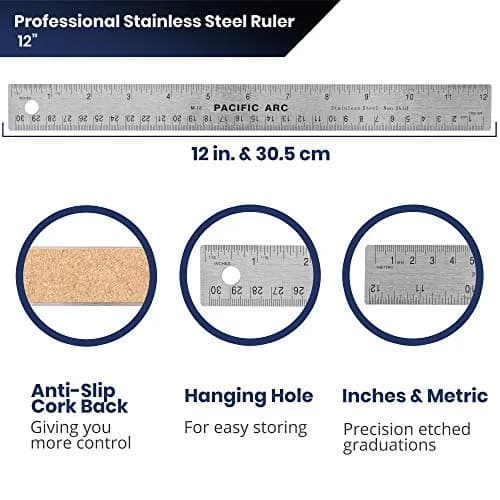 Pacific Arc Stainless Steel 12 Inch Metal Ruler with Cork Back & Metric Graduations | Precise Straight Edge for Artists & Projects thumbnail 3