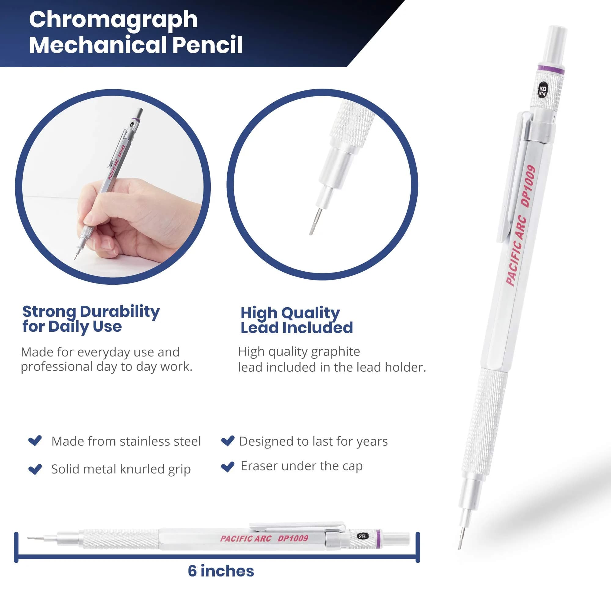 Pacific Arc Chromograph Metal Mechanical Pencil 0.9 mm Silver | Drafting & Writing Tool - view 2