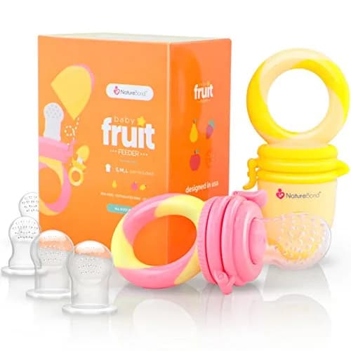NatureBond Baby Food Feeder/Fruit Feeder Pacifier Nibbler 8 Piece Set | Teething & Weaning in Appetizing Colors — Peach Pink and Lemonade Yellow