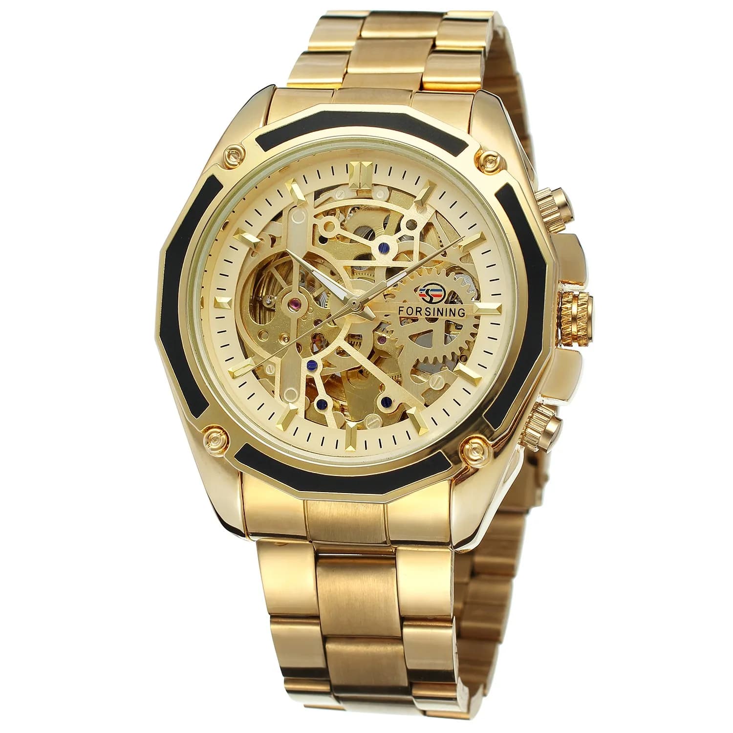 FORSINING Men's Self-Winding Skeleton Analogue Watch with Stainless Steel Bracelet | 42.8mm Gold Tone — gold