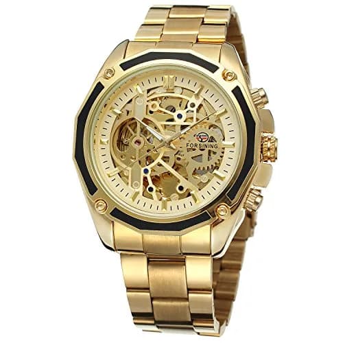 FORSINING Men's Self-Winding Skeleton Analogue Watch with Stainless Steel Bracelet | 42.8mm Gold Tone thumbnail 1