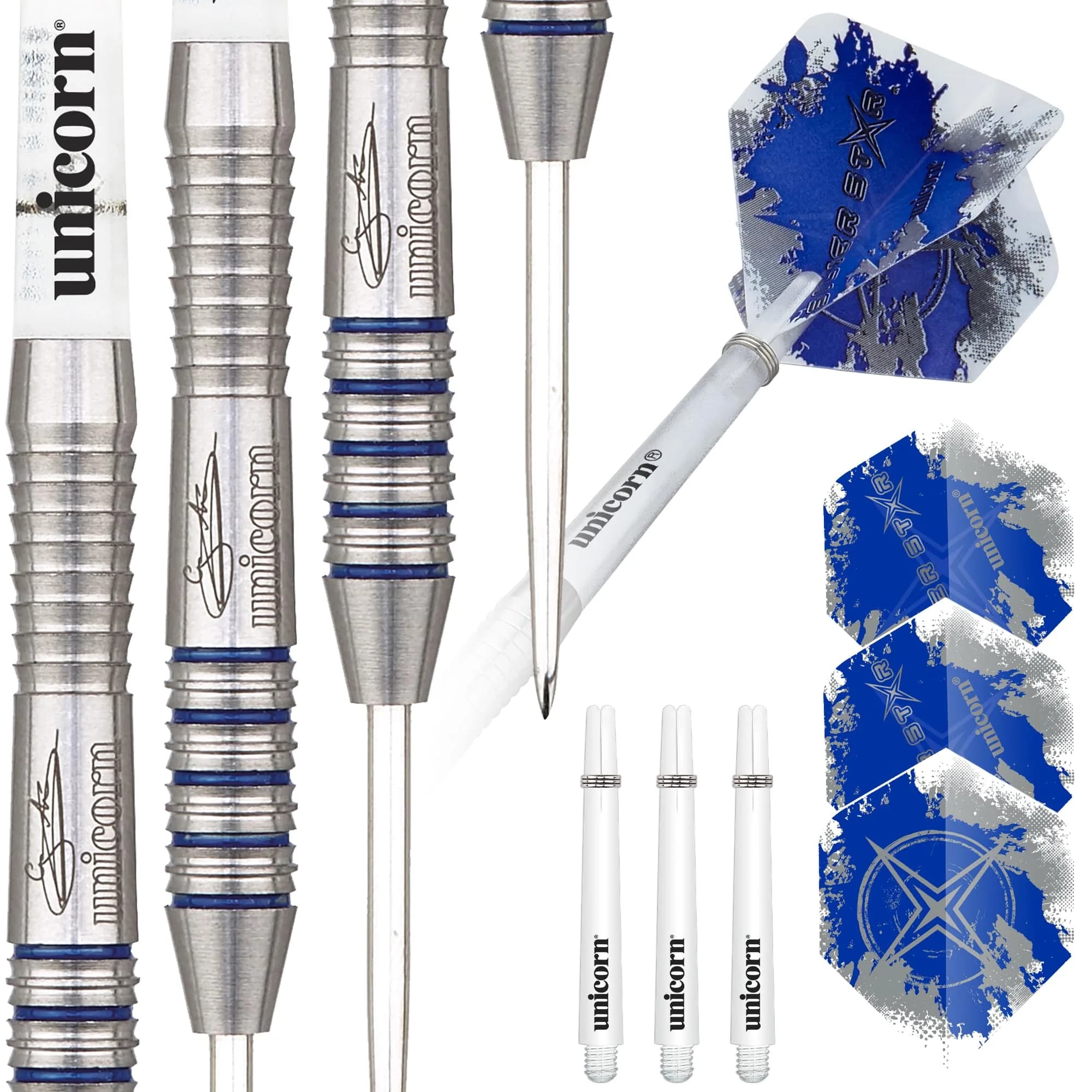 Unicorn Silver Star Gary Anderson Darts 23 g | Natural Tungsten, Textured Grip, Silver/Blue