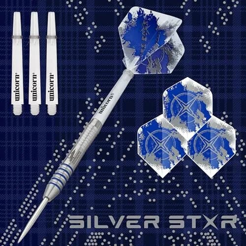 Unicorn Silver Star Gary Anderson Darts 23 g | Natural Tungsten, Textured Grip, Silver/Blue thumbnail 2