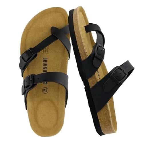 CUSHIONAIRE Luna Cork Footbed Sandals for Women with Crossover Straps, Black 7.5 | Supportive, Breathable & Stylish thumbnail 1