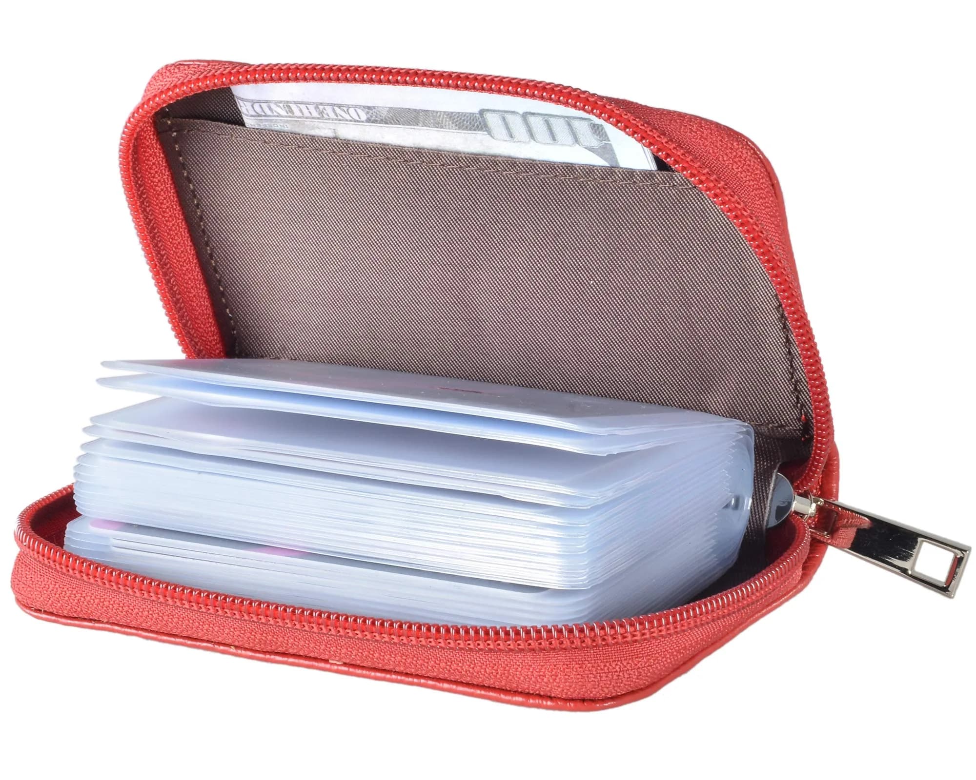Easyoulife Genuine Leather Credit Card Holder Zipper Wallet with 26 Card Slots (Red) | RFID Blocking Slim Wallet for Women