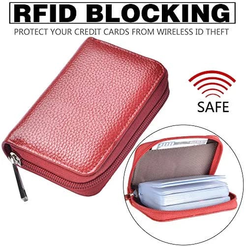 Easyoulife Genuine Leather Credit Card Holder Zipper Wallet with 26 Card Slots (Red) | RFID Blocking Slim Wallet for Women thumbnail 4