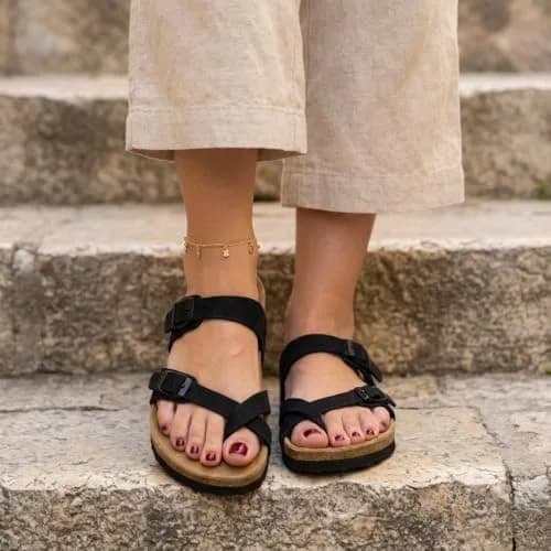 CUSHIONAIRE Luna Cork Footbed Sandals for Women with Crossover Straps | Supportive & Stylish for Indian Summers thumbnail 5