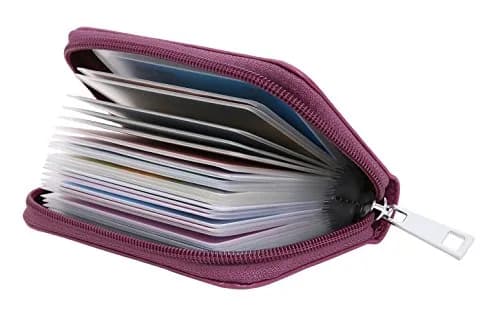 Easyoulife Genuine Leather Credit Card Holder Zipper Wallet With 26 Card Slots (Purple) | RFID Blocking thumbnail 1