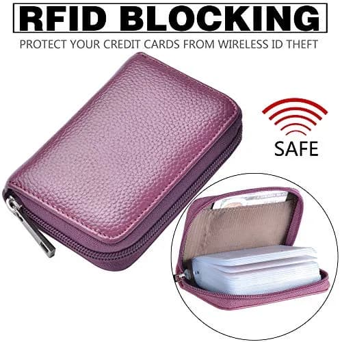 Easyoulife Genuine Leather Credit Card Holder Zipper Wallet With 26 Card Slots (Purple) | RFID Blocking thumbnail 5
