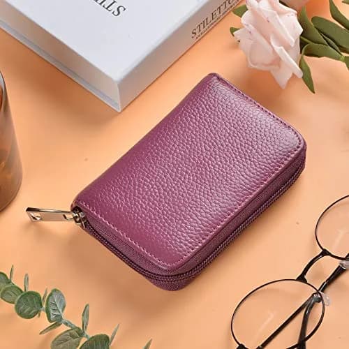 Easyoulife Genuine Leather Credit Card Holder Zipper Wallet With 26 Card Slots (Purple) | RFID Blocking thumbnail 2