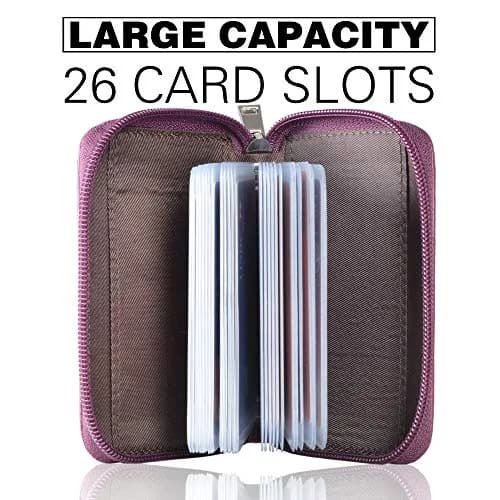 Easyoulife Genuine Leather Credit Card Holder Zipper Wallet With 26 Card Slots (Purple) | RFID Blocking thumbnail 3
