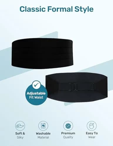 S.H. Churchill & Co. Men's Adjustable 4-Pleat Satin Cummerbund Black | Fits Waists Up to 48 Inches thumbnail 3