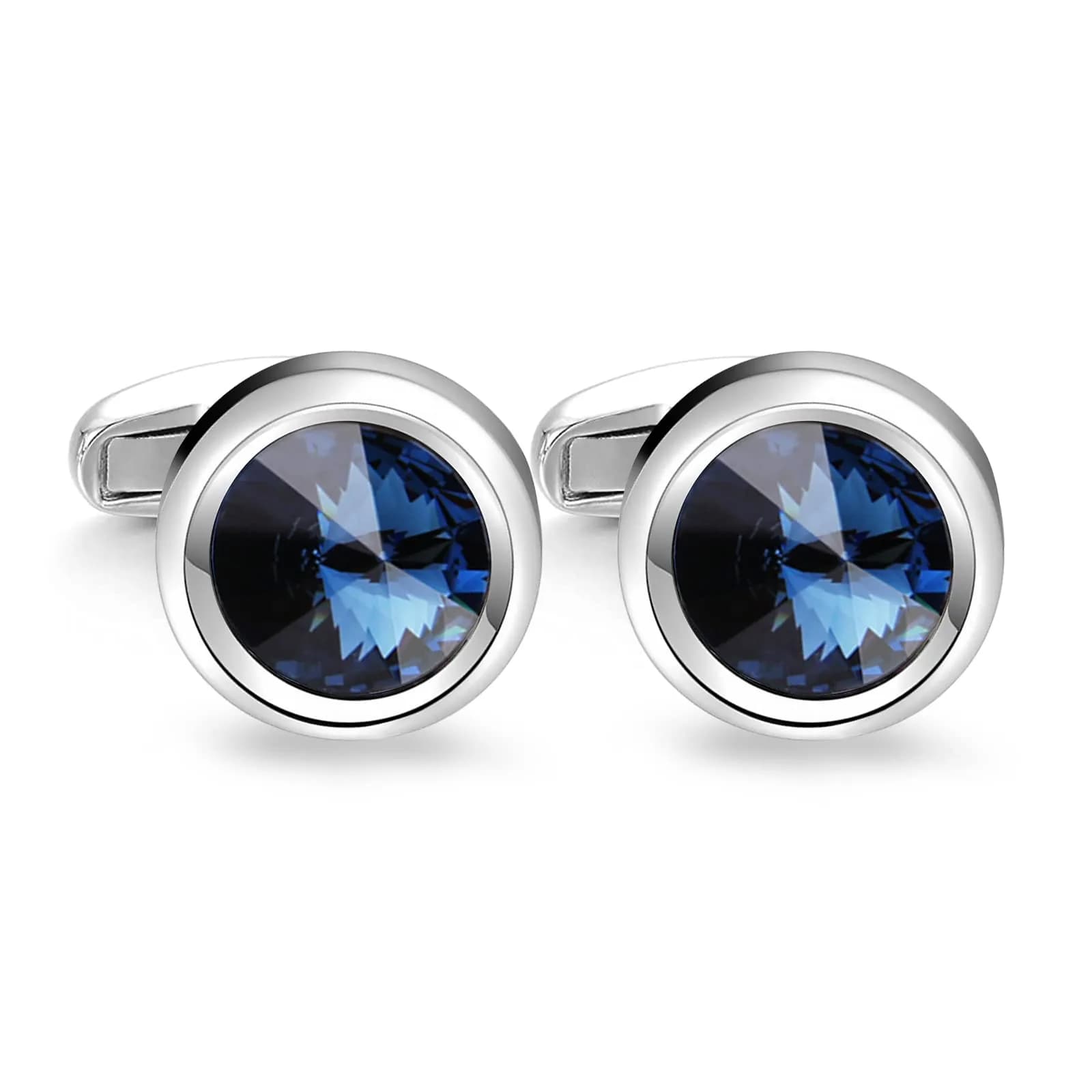MERIT OCEAN Navy Blue Crystal Circular Cuff Links | Elegant Silver Finish for Men