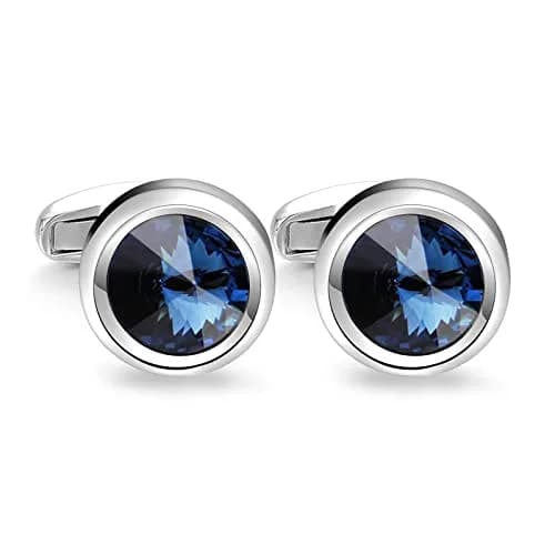 MERIT OCEAN Navy Blue Crystal Circular Cuff Links | Elegant Silver Finish for Men thumbnail 1