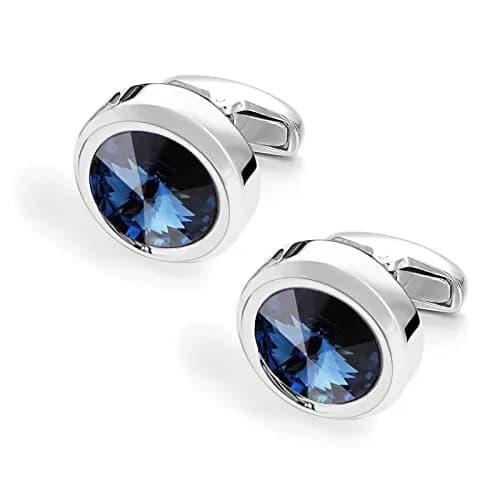 MERIT OCEAN Navy Blue Crystal Circular Cuff Links | Elegant Silver Finish for Men thumbnail 4