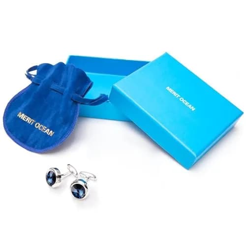 MERIT OCEAN Navy Blue Crystal Circular Cuff Links | Elegant Silver Finish for Men thumbnail 6