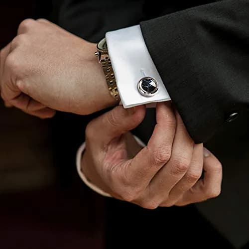 MERIT OCEAN Navy Blue Crystal Circular Cuff Links | Elegant Silver Finish for Men thumbnail 7