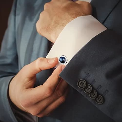 MERIT OCEAN Navy Blue Crystal Circular Cuff Links | Elegant Silver Finish for Men thumbnail 2