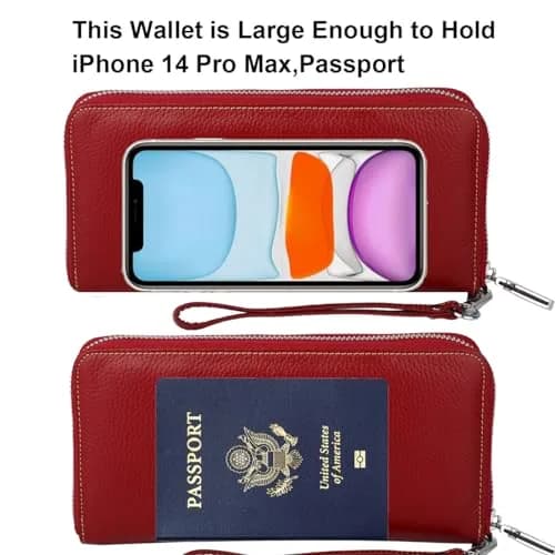 Lavemi Women's RFID Blocking Leather Large Capacity Zip Wallet & Phone Holder Deep Red | Travel & Privacy thumbnail 5