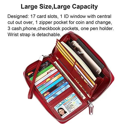 Lavemi Women's RFID Blocking Leather Large Capacity Zip Wallet & Phone Holder Deep Red | Travel & Privacy thumbnail 3
