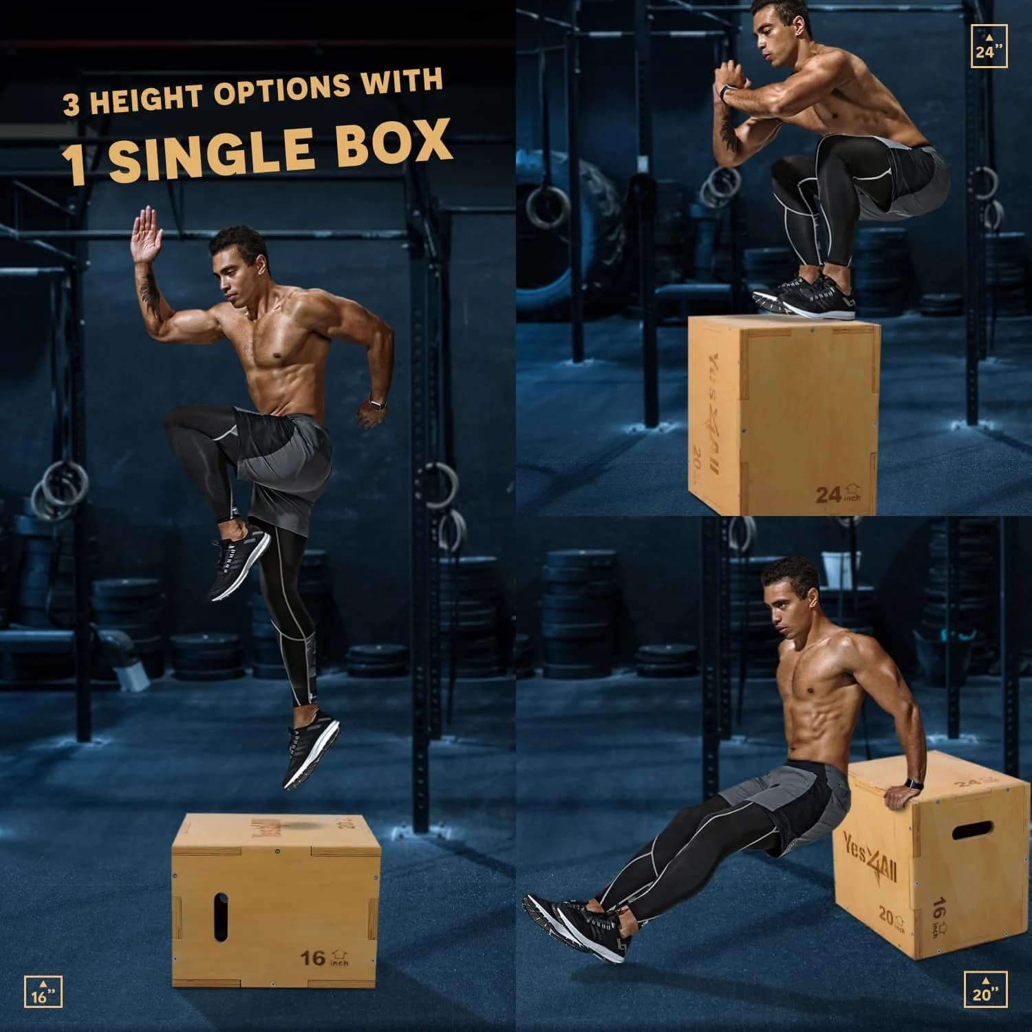 Yes4All 3-in-1 Wooden Plyo Box 16x20x24 inches | 450 lbs Capacity for Home Gym Workouts - view 2