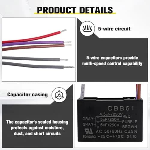 Podoy CBB61 Ceiling Fan Capacitor 4.5uf+5uf+6uf 5 Wire 250VAC 50/60Hz (2-Pack) thumbnail 4