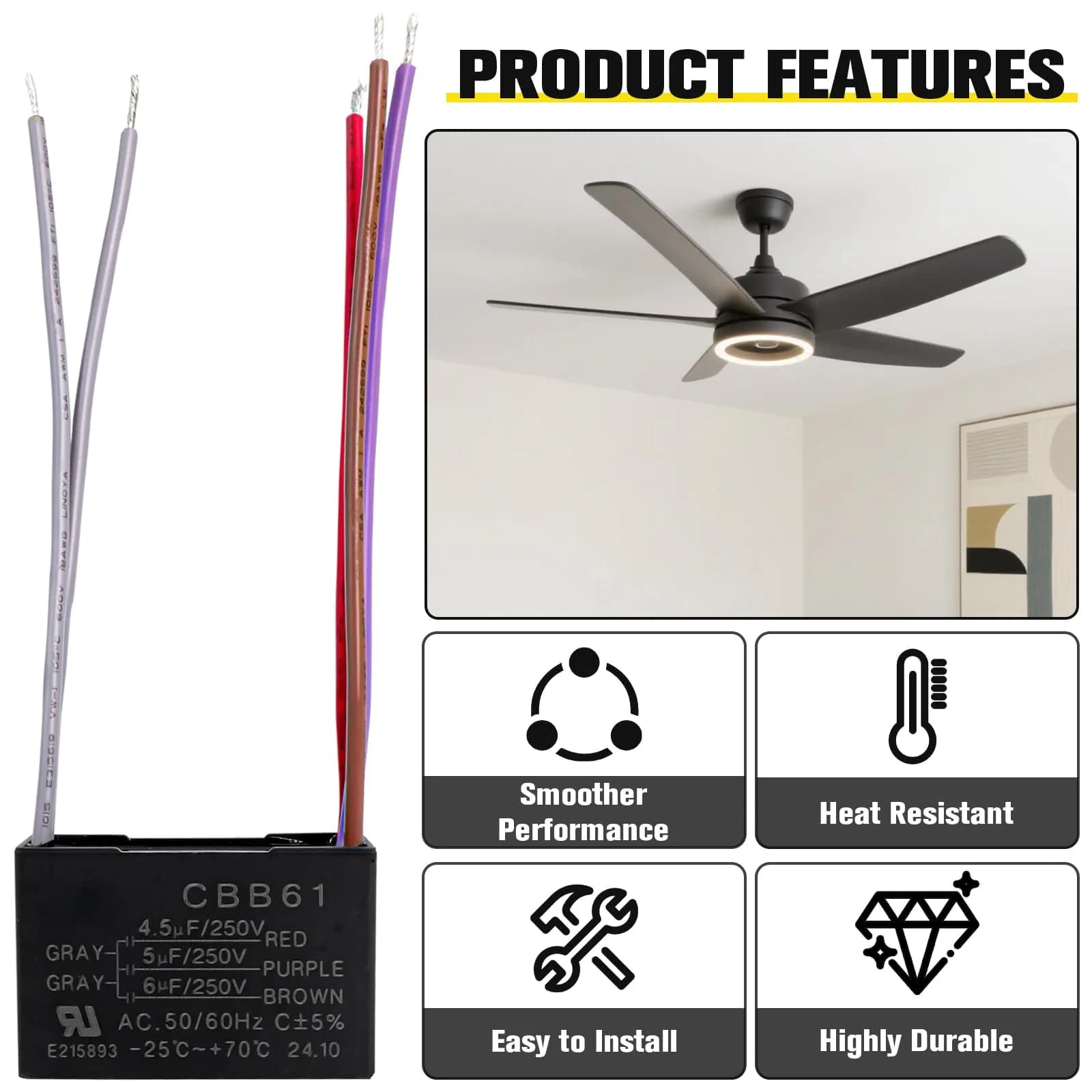 Podoy CBB61 Ceiling Fan Capacitor 4.5uf+5uf+6uf 5 Wire 250VAC 50/60Hz (2-Pack) - view 5