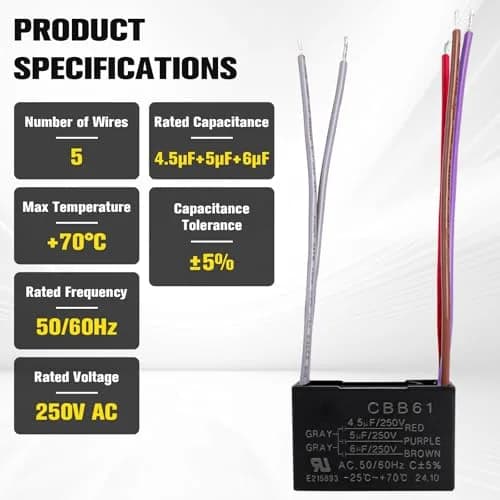 Podoy CBB61 Ceiling Fan Capacitor 4.5uf+5uf+6uf 5 Wire 250VAC 50/60Hz (2-Pack) thumbnail 2