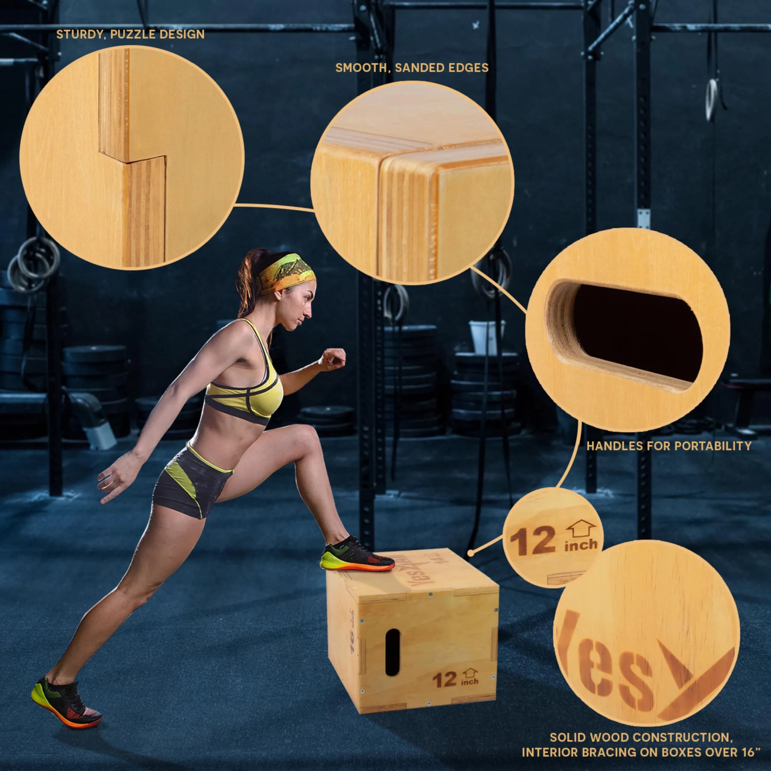 Yes4All 3-in-1 Wooden Plyo Box 16"x14"x12" | 450 lbs Capacity for Home Gym Strength Training - view 3
