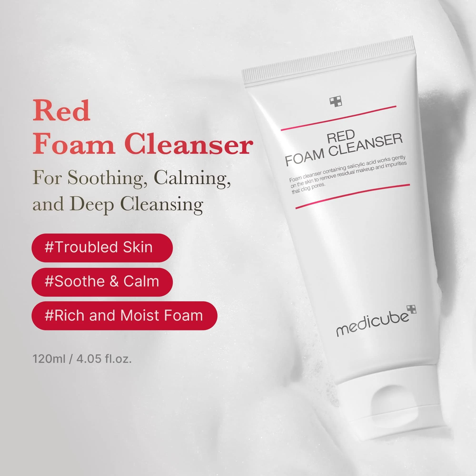medicube Red Foam Cleanser for Sensitive & Troubled Skin, 4.08 Fl Oz (121 ml) | Deep Cleansing Impurities & Sebum Control - view 2