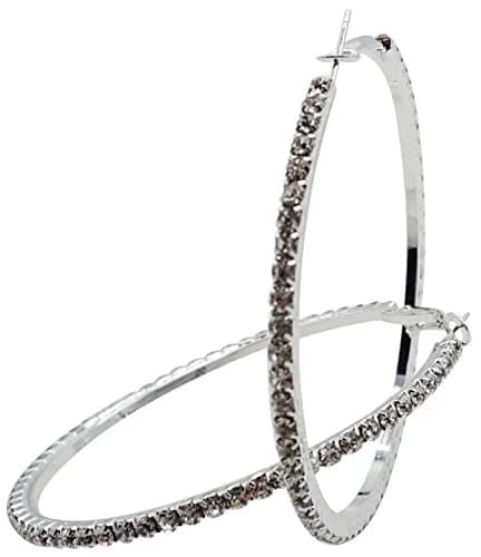 Bienvenu 60mm Rhinestone Plated Silver Hoop Earrings Big Circle Earrings | Sparkling Night Party Jewelry thumbnail 1