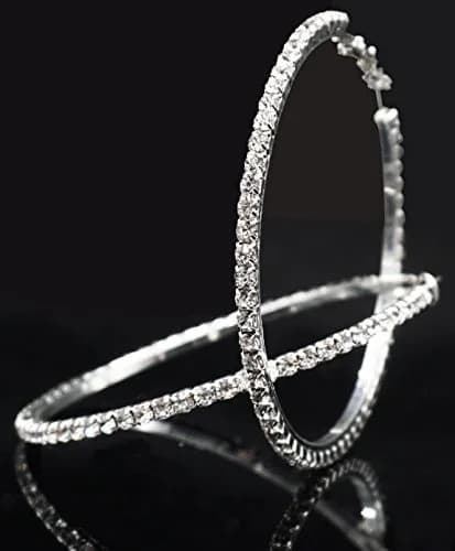 Bienvenu 60mm Rhinestone Plated Silver Hoop Earrings Big Circle Earrings | Sparkling Night Party Jewelry thumbnail 6