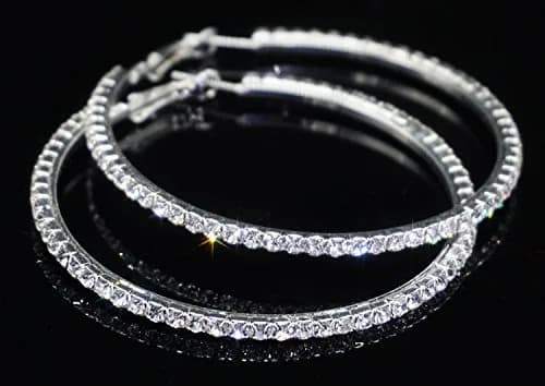 Bienvenu 60mm Rhinestone Plated Silver Hoop Earrings Big Circle Earrings | Sparkling Night Party Jewelry thumbnail 7