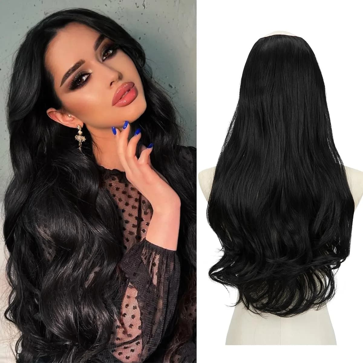 SARLA Clip in U Part Hair Extensions Synthetic Long Wavy Curly 24 Inch | Thick Full Head Hairpiece for Women
