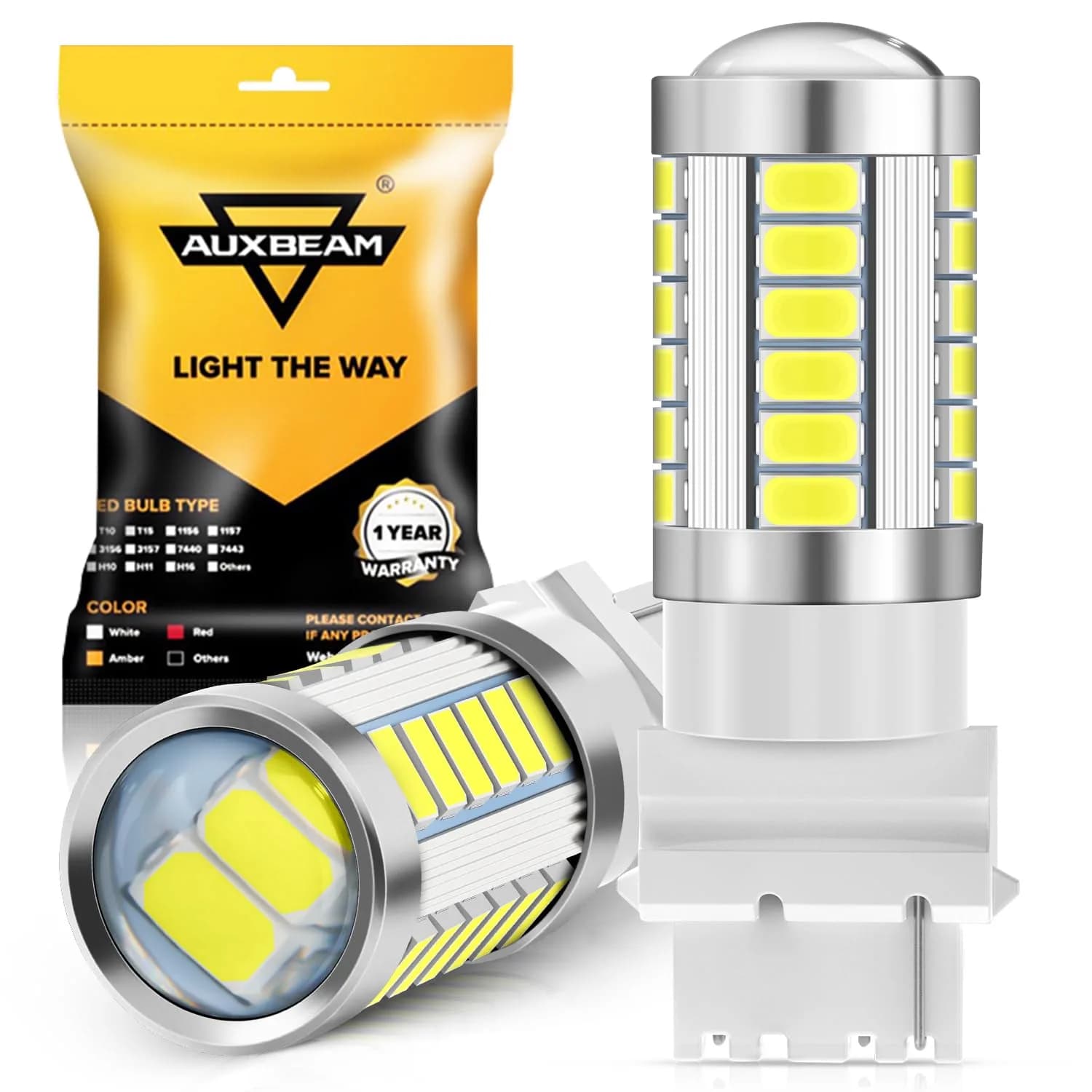 Auxbeam 7443 LED Turn Signal Bulbs 3500K Amber Yellow (Pack of 2) | 4000 Lumens Brightness — White / 3156