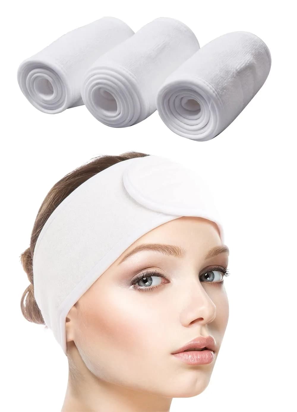 SINLAND Adjustable Microfiber Facial Headband 3 Pack White | Soft & Washable for Spa & Makeup — white