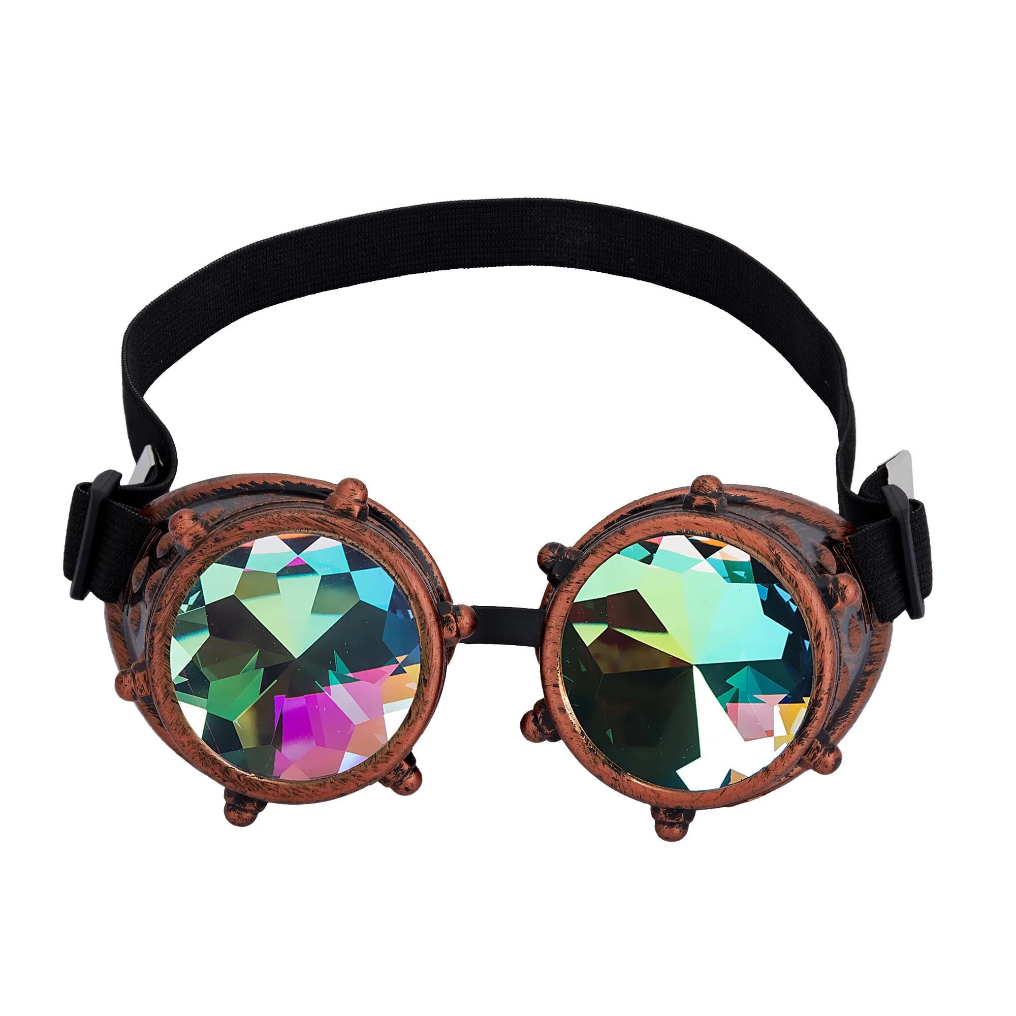 Lelinta Kaleidoscope Spiked Goggles with Adjustable Straps | Rainbow Crystal Lenses, Perfect for Raves, Costume Parties — Red Copper With Screws