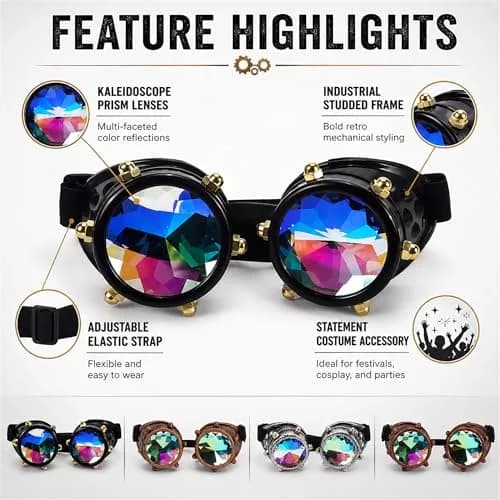 Lelinta Kaleidoscope Spiked Goggles with Adjustable Straps | Rainbow Crystal Lenses, Perfect for Raves, Costume Parties thumbnail 8