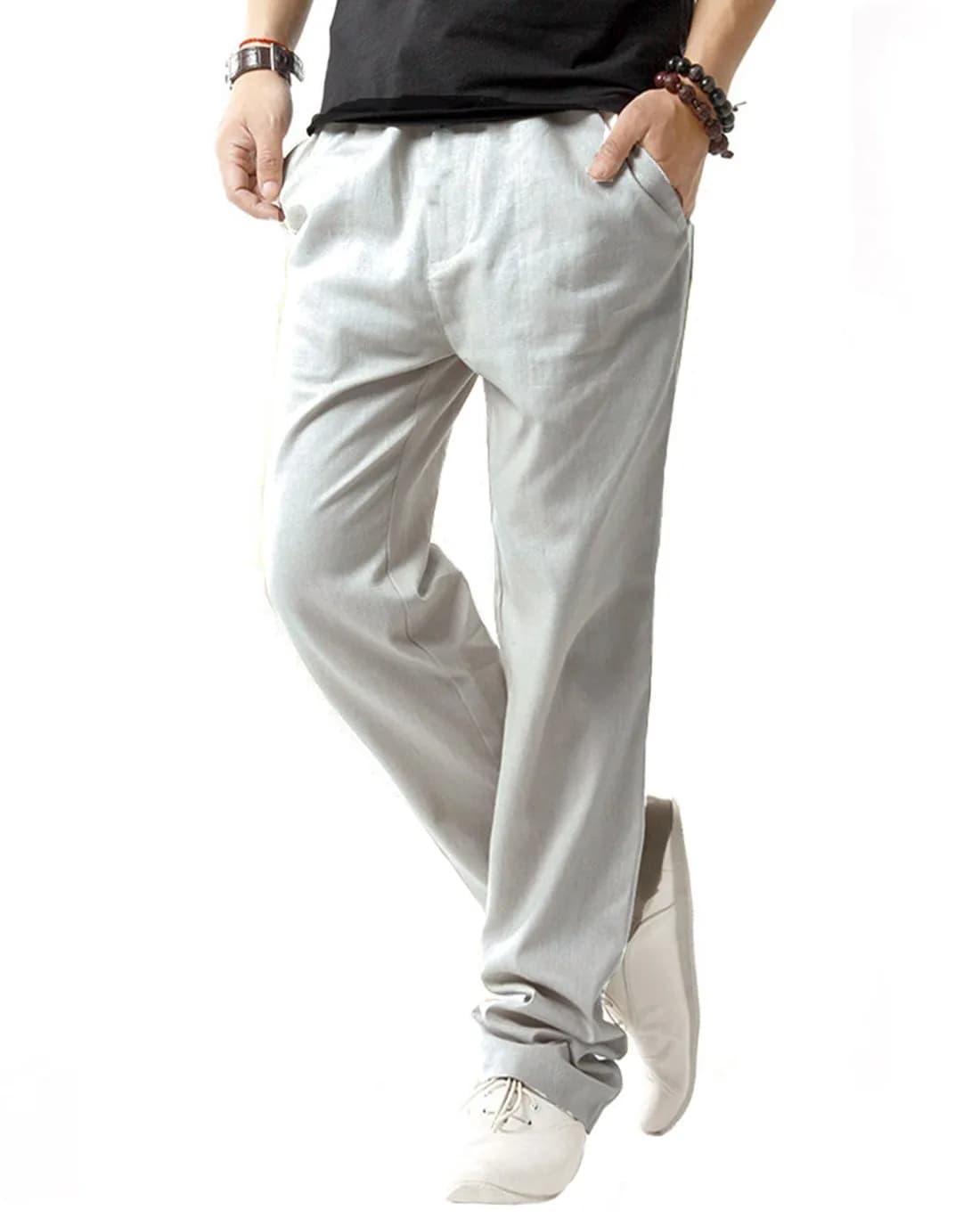 SIR7 Men's Linen Casual Lightweight Drawstring Elastic Waist Summer Beach Pants Light Grey | Breathable, Durable & Imported